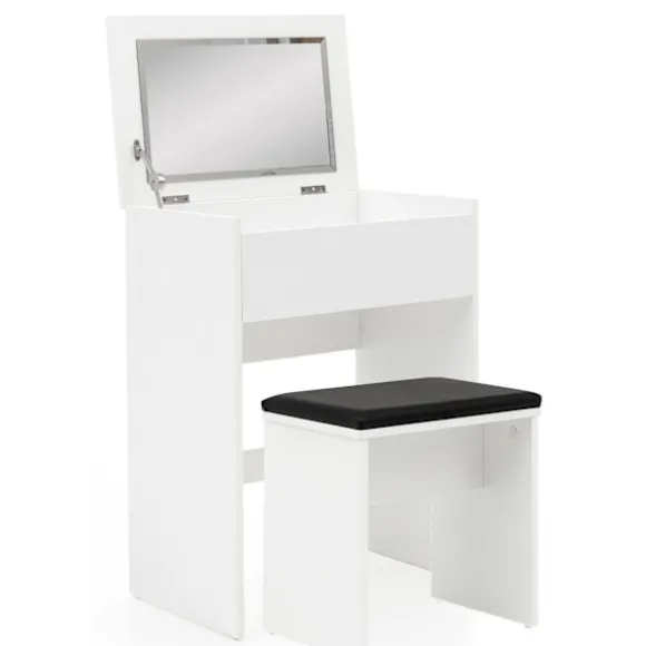 Rootz Toiletbord 60x81x40 cm Hvidt Konsolbord Træ Moderne - Kosmetikbord med skammel og spejl - Hvidt toiletbord med klaprum - Moderne make-up bord pi | Fyndiq