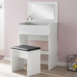 Rootz Toiletbord 60x81x40 cm Hvidt Konsolbord Træ Moderne - Kosmetikbord med skammel og spejl - Hvidt toiletbord med klaprum - Moderne make-up bord pi | Fyndiq