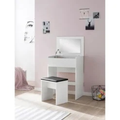 Rootz Toiletbord 60x81x40 cm Hvidt Konsolbord Træ Moderne - Kosmetikbord med skammel og spejl - Hvidt toiletbord med klaprum - Moderne make-up bord pi | Fyndiq