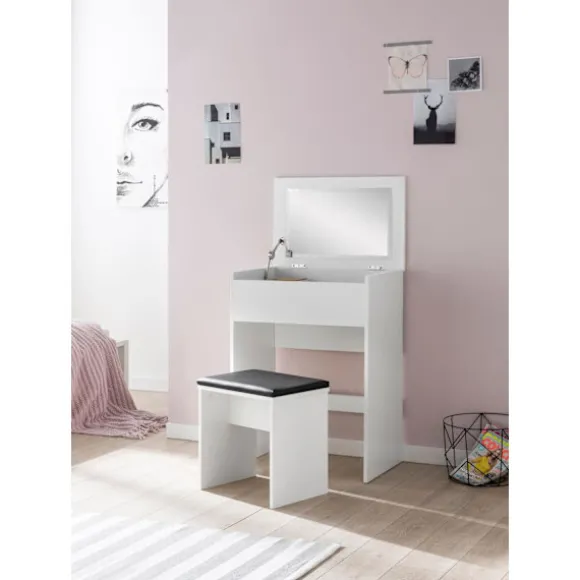 Rootz Toiletbord 60x81x40 cm Hvidt Konsolbord Træ Moderne - Kosmetikbord med skammel og spejl - Hvidt toiletbord med klaprum - Moderne make-up bord pi | Fyndiq