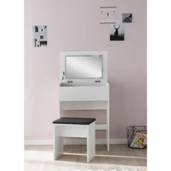 Rootz Toiletbord 60x81x40 cm Hvidt Konsolbord Træ Moderne - Kosmetikbord med skammel og spejl - Hvidt toiletbord med klaprum - Moderne make-up bord pi | Fyndiq