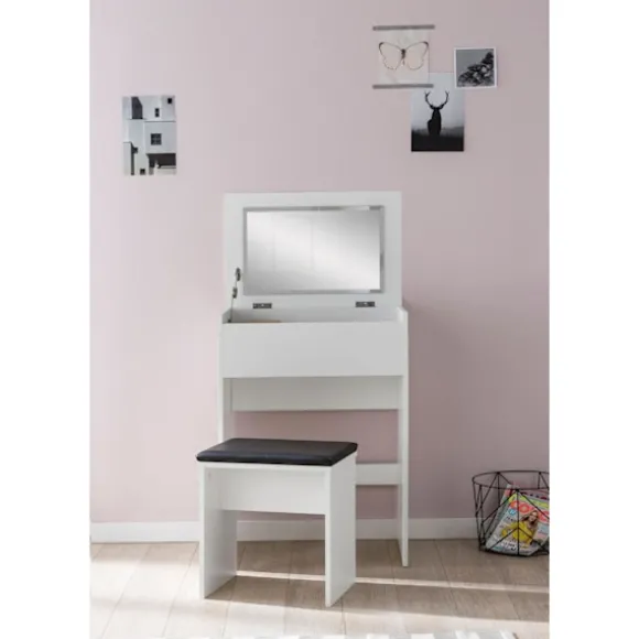 Rootz Toiletbord 60x81x40 cm Hvidt Konsolbord Træ Moderne - Kosmetikbord med skammel og spejl - Hvidt toiletbord med klaprum - Moderne make-up bord pi | Fyndiq