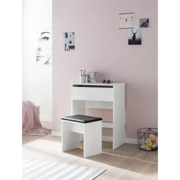 Rootz Toiletbord 60x81x40 cm Hvidt Konsolbord Træ Moderne - Kosmetikbord med skammel og spejl - Hvidt toiletbord med klaprum - Moderne make-up bord pi | Fyndiq