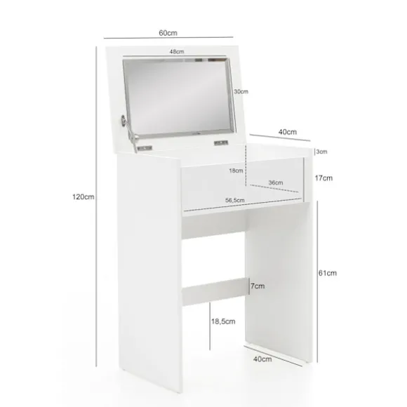 Rootz Toiletbord 60x81x40 cm Hvidt Konsolbord Træ Moderne - Kosmetikbord med skammel og spejl - Hvidt toiletbord med klaprum - Moderne make-up bord pi | Fyndiq
