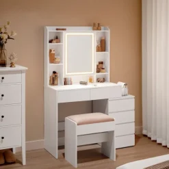 Rootz Toiletbordssæt - Sminkebord - Makeup skrivebord - Spånplade - Cloud White - 40 cm x 97,5 cm x 145 cm - Taburet - 45 cm x 28,6 cm x 45,5 cm