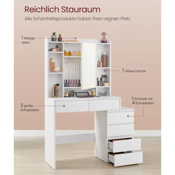 Rootz Toiletbordssæt - Sminkebord - Makeup skrivebord - Spånplade - Cloud White - 40 cm x 97,5 cm x 145 cm - Taburet - 45 cm x 28,6 cm x 45,5 cm