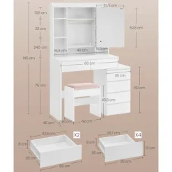 Rootz Toiletbordssæt - Sminkebord - Makeup skrivebord - Spånplade - Cloud White - 40 cm x 97,5 cm x 145 cm - Taburet - 45 cm x 28,6 cm x 45,5 cm