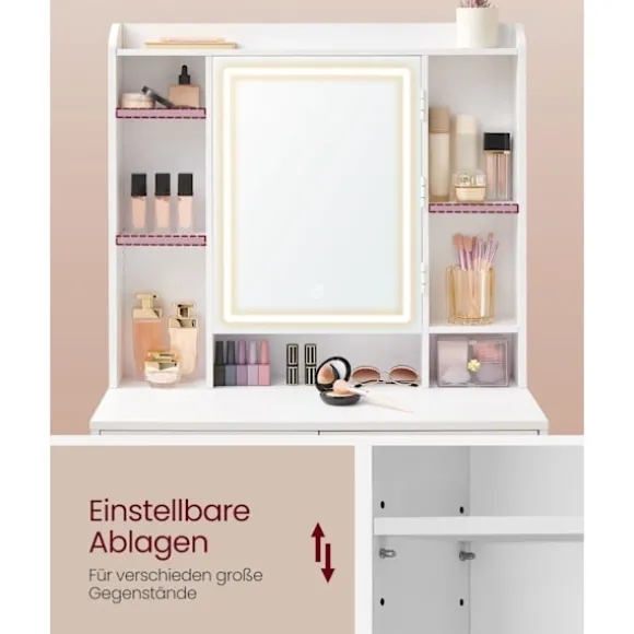 Rootz Toiletbordssæt - Sminkebord - Makeup skrivebord - Spånplade - Cloud White - 40 cm x 97,5 cm x 145 cm - Taburet - 45 cm x 28,6 cm x 45,5 cm