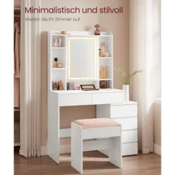Rootz Toiletbordssæt - Sminkebord - Makeup skrivebord - Spånplade - Cloud White - 40 cm x 97,5 cm x 145 cm - Taburet - 45 cm x 28,6 cm x 45,5 cm