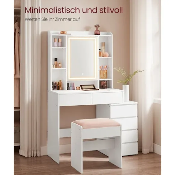 Rootz Toiletbordssæt - Sminkebord - Makeup skrivebord - Spånplade - Cloud White - 40 cm x 97,5 cm x 145 cm - Taburet - 45 cm x 28,6 cm x 45,5 cm