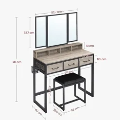 Rootz Toiletbordssæt - Toiletbord med foldespejl - Makeup-vaskebord - Soveværelsesvaskesæt - Toiletbord og skammel - Toiletbordssæt - Greige- Spånplad | Fyndiq