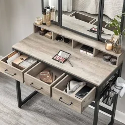Rootz Toiletbordssæt - Toiletbord med foldespejl - Makeup-vaskebord - Soveværelsesvaskesæt - Toiletbord og skammel - Toiletbordssæt - Greige- Spånplad | Fyndiq