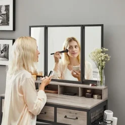 Rootz Toiletbordssæt - Toiletbord med foldespejl - Makeup-vaskebord - Soveværelsesvaskesæt - Toiletbord og skammel - Toiletbordssæt - Greige- Spånplad | Fyndiq