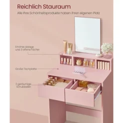 Rootz Toiletbordssæt med spejl - Sminkebord - Makeup skrivebord - 2 skuffer - Pastel Pink - 40cm x 60cm x 127cm