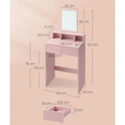 Rootz Toiletbordssæt med spejl - Sminkebord - Makeup skrivebord - 2 skuffer - Pastel Pink - 40cm x 60cm x 127cm