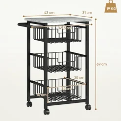 Rootz 3-trins køkkenvogn på hjul - Rullende serveringsvogn - Mobilt opbevaringsstativ - Rummelig og holdbar - 49,5x31x69 cm stål og MDF