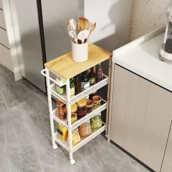 Rootz Troting Trolley - Kitchen Cart - Smal Niche Shelf - Rumbesparende værktøj - 22 cm x 45,4 cm x 77 cm - eg farve hvid
