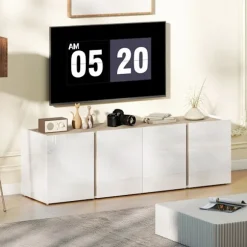 Rootz TV kommode - Tv-skab - Mediekonsol - Blødt lukkede døre - Hylder, der kan tilpasses - Højglans hvid - 135 cm x 38 cm x 45 cm