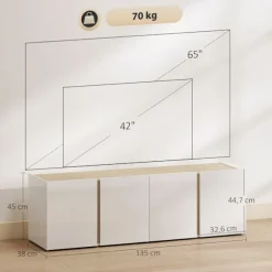 Rootz TV kommode - Tv-skab - Mediekonsol - Blødt lukkede døre - Hylder, der kan tilpasses - Højglans hvid - 135 cm x 38 cm x 45 cm