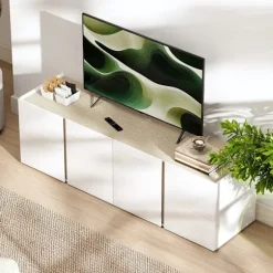 Rootz TV kommode - Tv-skab - Mediekonsol - Blødt lukkede døre - Hylder, der kan tilpasses - Højglans hvid - 135 cm x 38 cm x 45 cm