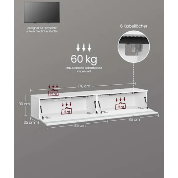 Rootz TV Lowboard - Floating Media Stand - Vægmonteret underholdningsenhed - Slank Design - 178 x 35 x 30 cm - Snehvide