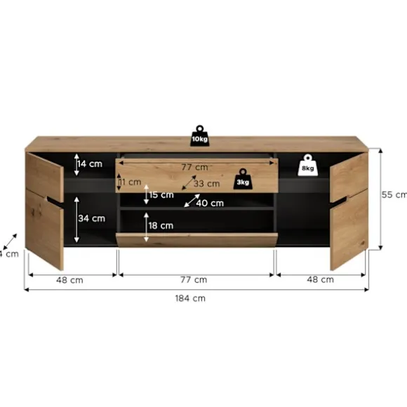 Rootz TV Lowboard - Media Console - Entertainment Stand - Ample Storage - 55x184x44 cm