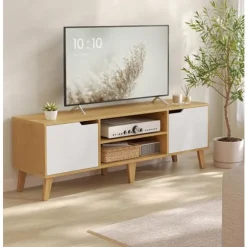 Rootz TV Stand - Media Console - Natural Oak -Cream White - Holdable Wooden Chipboard - 147 cm x 39 cm x 50 cm