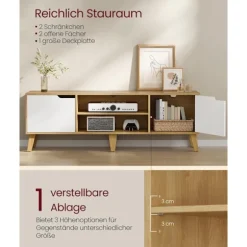 Rootz TV Stand - Media Console - Natural Oak -Cream White - Holdable Wooden Chipboard - 147 cm x 39 cm x 50 cm