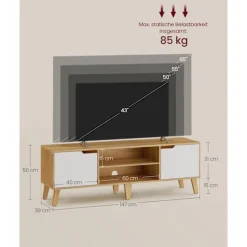 Rootz TV Stand - Media Console - Natural Oak -Cream White - Holdable Wooden Chipboard - 147 cm x 39 cm x 50 cm