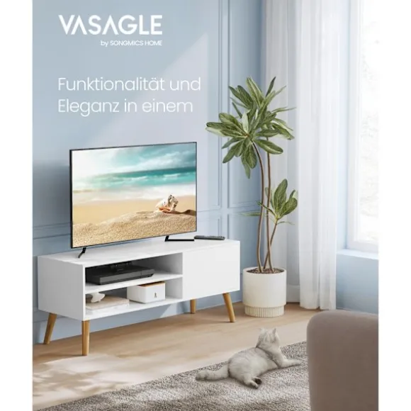 Rootz TV Stand - Underholdningscenter - Mediekonsol - Spånplade - Gummitræ - Hvid - 40cm x 120cm x 49cm - 19,7kg - 55kg Maks. belastningskapacitet - 1 | Fyndiq