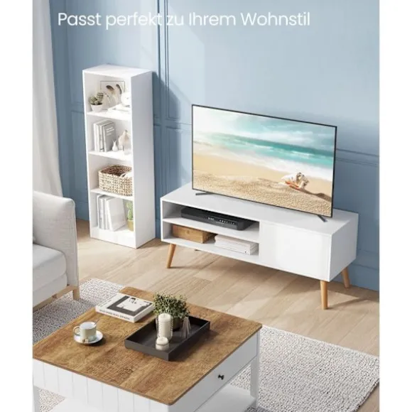 Rootz TV Stand - Underholdningscenter - Mediekonsol - Spånplade - Gummitræ - Hvid - 40cm x 120cm x 49cm - 19,7kg - 55kg Maks. belastningskapacitet - 1 | Fyndiq