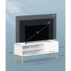 Rootz TV Stand - Underholdningscenter - Mediekonsol - Spånplade - Gummitræ - Hvid - 40cm x 120cm x 49cm - 19,7kg - 55kg Maks. belastningskapacitet - 1 | Fyndiq