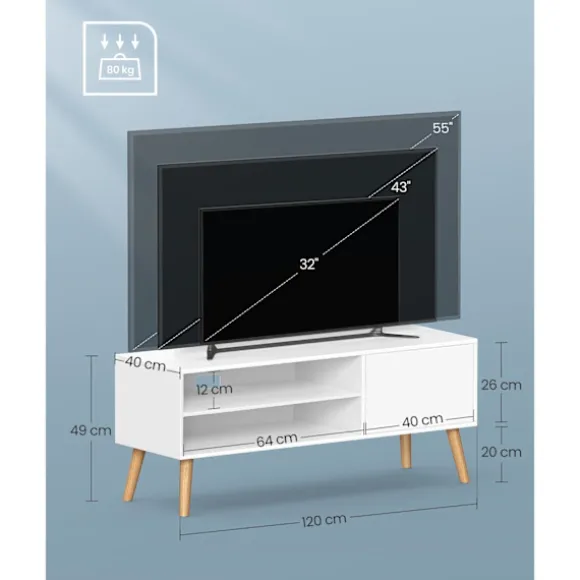 Rootz TV Stand - Underholdningscenter - Mediekonsol - Spånplade - Gummitræ - Hvid - 40cm x 120cm x 49cm - 19,7kg - 55kg Maks. belastningskapacitet - 1 | Fyndiq