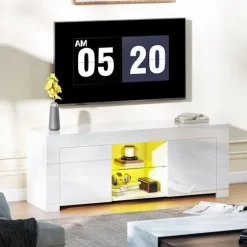 Rootz TV-skab - Underholdningsenhed - Mediekonsol - Forbedrer atmosfæren - 120 cm x 34 cm x 45 cm - Spånplade, glas, hvid med RGB LED-lys