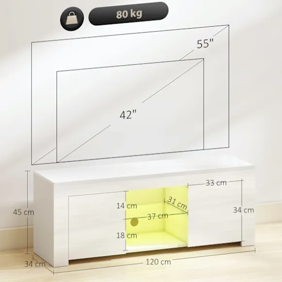 Rootz TV-skab - Underholdningsenhed - Mediekonsol - Forbedrer atmosfæren - 120 cm x 34 cm x 45 cm - Spånplade, glas, hvid med RGB LED-lys