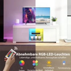 Rootz TV-skab - Underholdningsenhed - Mediekonsol - Forbedrer atmosfæren - 120 cm x 34 cm x 45 cm - Spånplade, glas, hvid med RGB LED-lys
