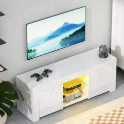 Rootz TV-skab - Underholdningsenhed - Mediekonsol - Forbedrer atmosfæren - 120 cm x 34 cm x 45 cm - Spånplade, glas, hvid med RGB LED-lys