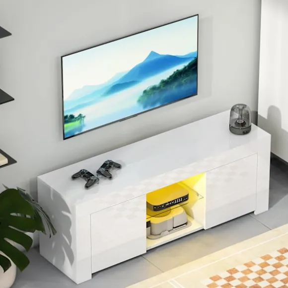 Rootz TV-skab - Underholdningsenhed - Mediekonsol - Forbedrer atmosfæren - 120 cm x 34 cm x 45 cm - Spånplade, glas, hvid med RGB LED-lys