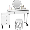 Rootz Vanity Dressing Table Set - Makeup Table - Beauty Desk - Dæmpbar LED -spejl - Velvet Affool - 100 cm x 126 cm x 40 cm - Hvid & sort