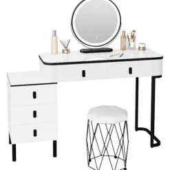 Rootz Vanity Dressing Table Set - Makeup Table - Beauty Desk - Dæmpbar LED -spejl - Velvet Affool - 100 cm x 126 cm x 40 cm - Hvid & sort