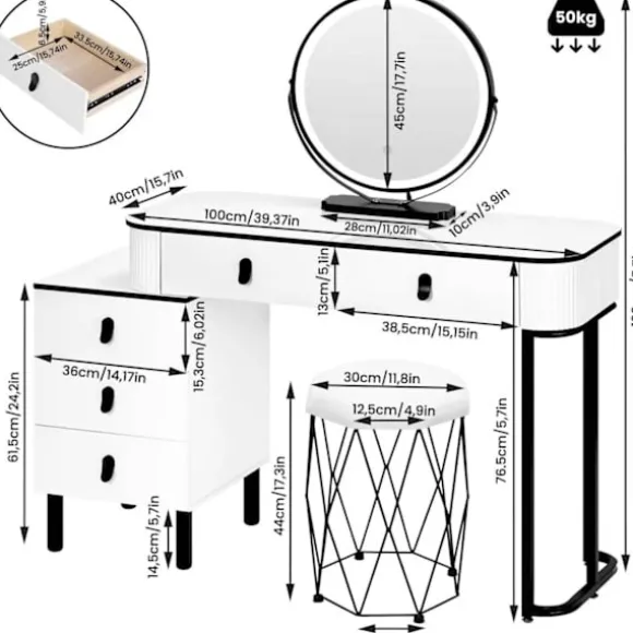 Rootz Vanity Dressing Table Set - Makeup Table - Beauty Desk - Dæmpbar LED -spejl - Velvet Affool - 100 cm x 126 cm x 40 cm - Hvid & sort