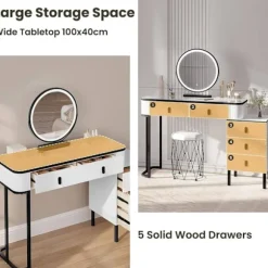 Rootz Vanity Dressing Table Set - Makeup Table - Beauty Desk - Dæmpbar LED -spejl - Velvet Affool - 100 cm x 126 cm x 40 cm - Hvid & sort