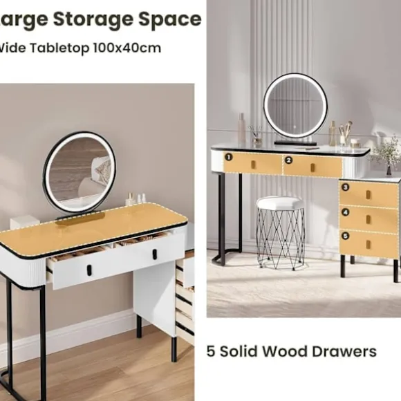 Rootz Vanity Dressing Table Set - Makeup Table - Beauty Desk - Dæmpbar LED -spejl - Velvet Affool - 100 cm x 126 cm x 40 cm - Hvid & sort