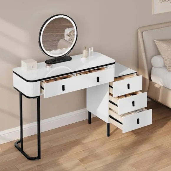 Rootz Vanity Dressing Table Set - Makeup Table - Beauty Desk - Dæmpbar LED -spejl - Velvet Affool - 100 cm x 126 cm x 40 cm - Hvid & sort