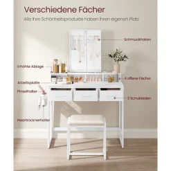Rootz vaskebordssæt - Makeupbord - Toiletbord skammel - Spånplade stålkonstruktion - Hvid - 40cm x 90cm x 141cm