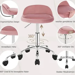 Rootz Velvet Office Taburet - Justerbar Skrivebordsstol - Rolling Task Chair - Komfortabel, Fleksibel, Holdbar - 53cm-65,5cm x 30cm x 30cm