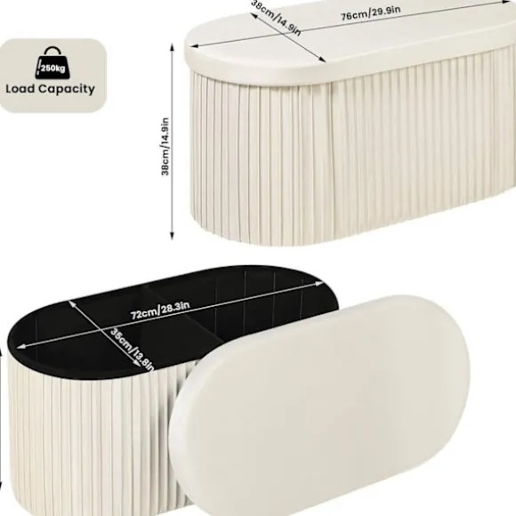 Rootz Velvet Opbevaringsbænk - Osmannisk bænk - Stor fodskammel - Hudvenlig - 76L Kapacitet - Creme - 76cm x 38cm x 38cm