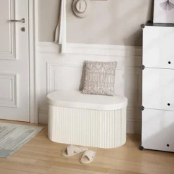 Rootz Velvet Opbevaringsbænk - Osmannisk bænk - Stor fodskammel - Hudvenlig - 76L Kapacitet - Creme - 76cm x 38cm x 38cm