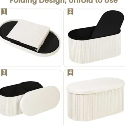 Rootz Velvet Opbevaringsbænk - Osmannisk bænk - Stor fodskammel - Hudvenlig - 76L Kapacitet - Creme - 76cm x 38cm x 38cm