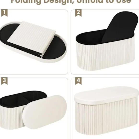 Rootz Velvet Opbevaringsbænk - Osmannisk bænk - Stor fodskammel - Hudvenlig - 76L Kapacitet - Creme - 76cm x 38cm x 38cm